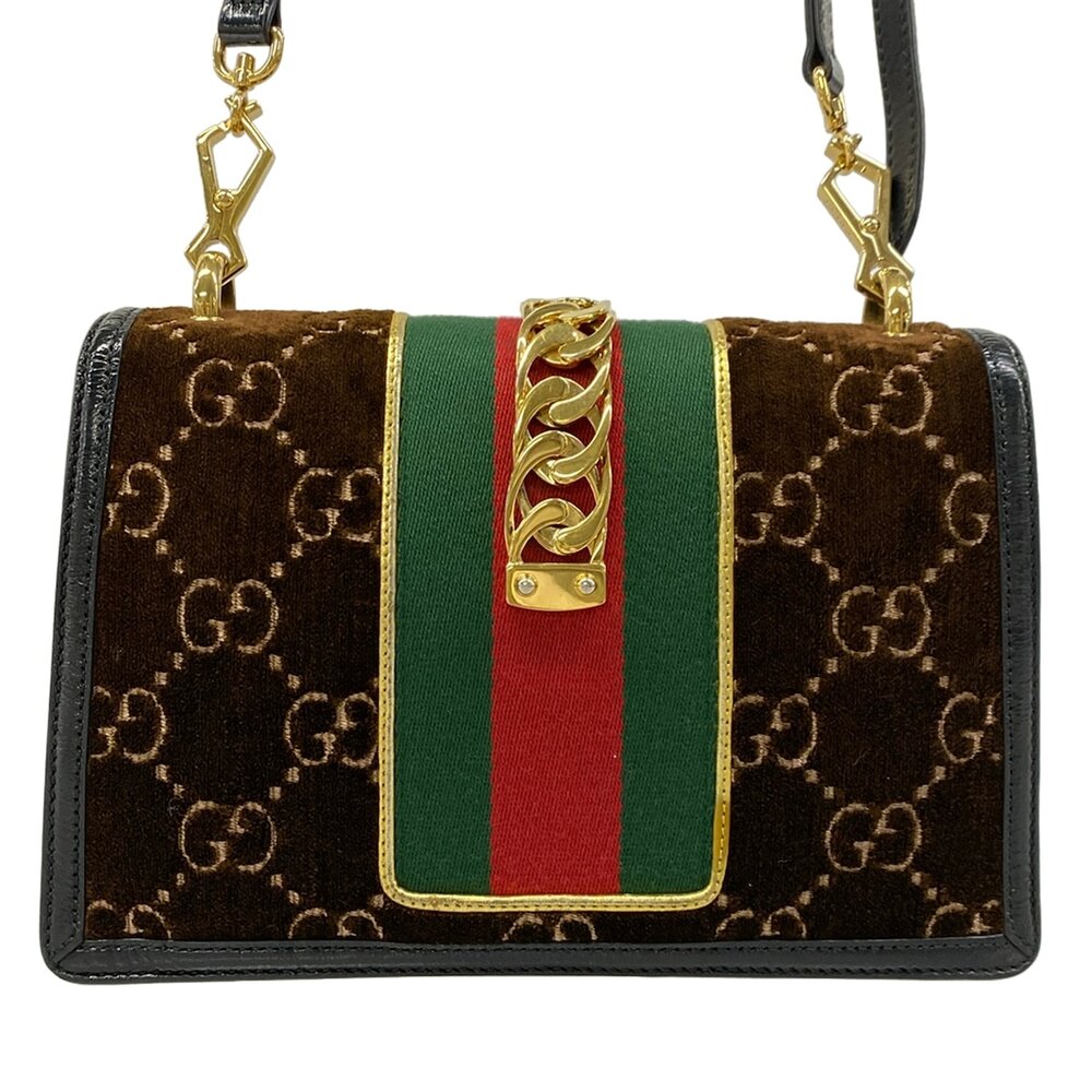 Gucci Sylvie Small Shoulder Bag 524405 Dark Brown Black Multi Velour Patent - Picture 3 of 15